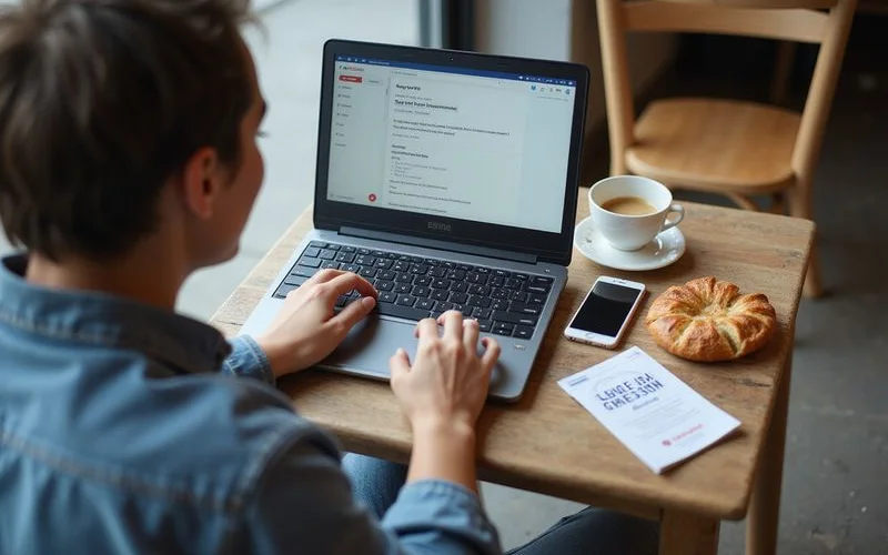 A traveller on the phone looking concerned while checking a tour confirmation email on a laptop