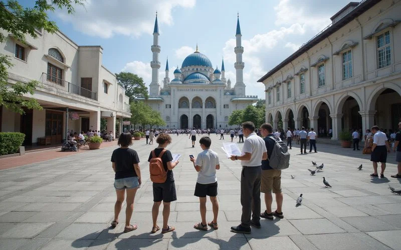 A traveller checking a printed tour itinerary next to a mosque entrance in Kuala Lumpur