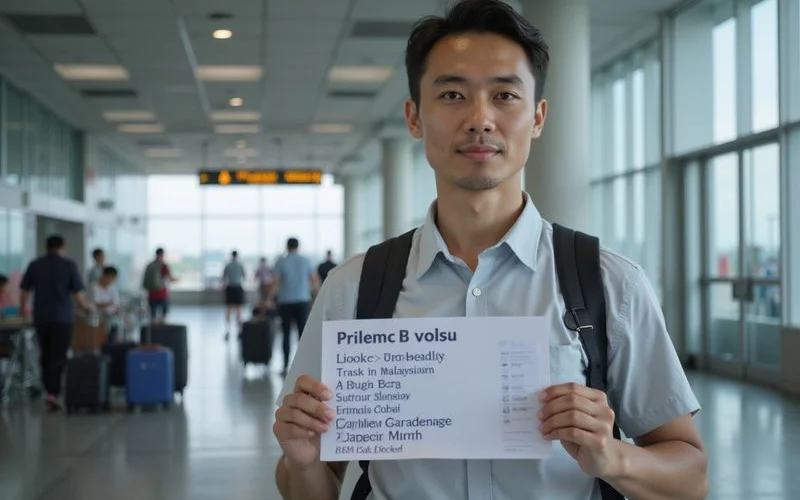 A driver holding a name sign waiting at Kuala Lumpur international airport arrivals hall for a pre-booked transfer