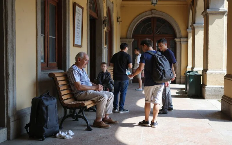 An elderly traveller resting on a bench while family members look at a nearby attraction during a Kuala Lumpur tour