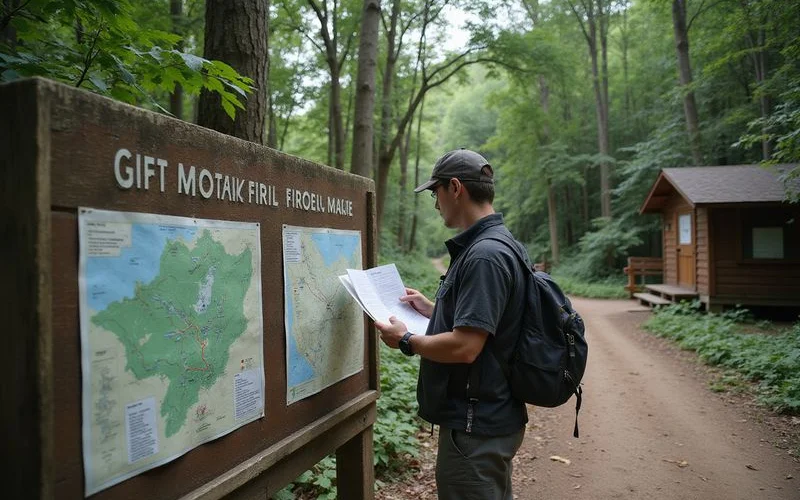 A solo hiker checking a trail map at a marked trailhead sign in a Malaysian forest reserve