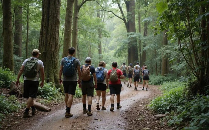 Trekkers wearing sturdy hiking shoes crossing a wooden suspension bridge in a Malaysian rainforest with a guide leading