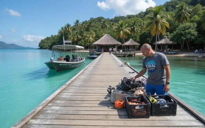 Calm turquoise water and a wooden jetty leading to a boat at a Malaysian island during clear dry-season weather