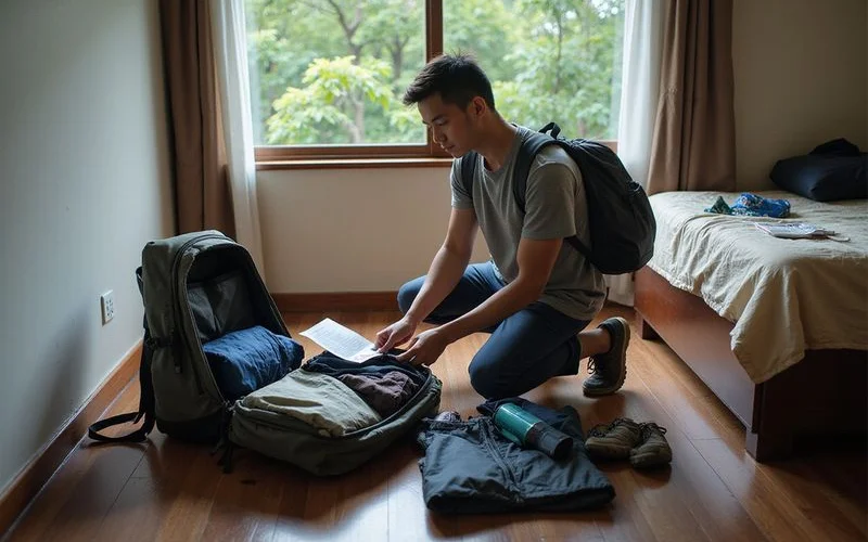 A traveller packing an overnight bag on a bed with a Malaysia map and itinerary papers laid out nearby