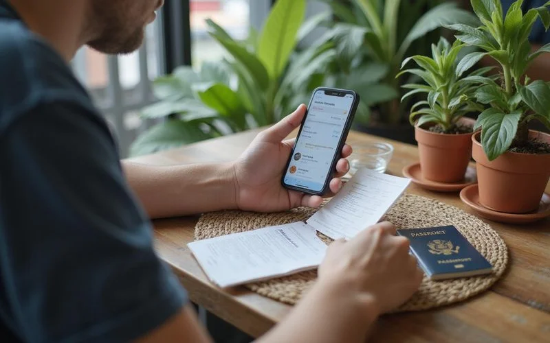 A traveller reviewing a printed tour booking confirmation and itinerary at a hotel desk in Kuala Lumpur