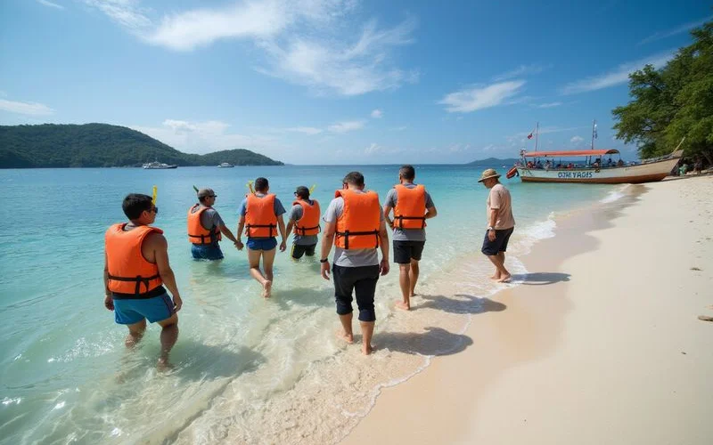 Snorkellers wearing life jackets preparing to enter clear turquoise water from a tour boat near a Malaysian island