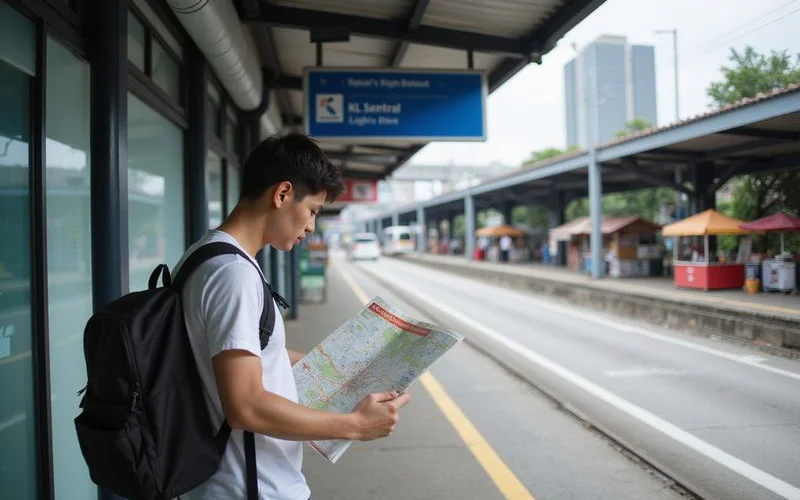 A traveller checking a public transport map on a phone while standing near a Kuala Lumpur city landmark